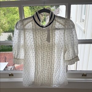 Frame Denim White Sheer Blouse with Black Trim